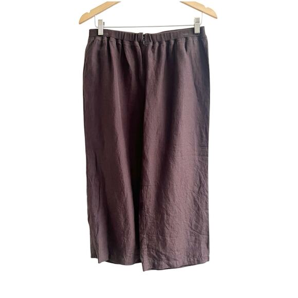 Vivid 100% Linen Brown Cropped Wide Leg Zipper Front Pants Lagenlook Minimalist - Picture 1 of 9